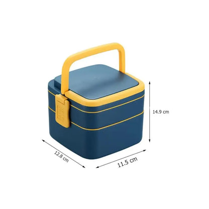 BLUE DOUBLE-LAYER PORTABLE LUNCH BOX STACKABLE WITH CARRYING HANDLE AND SPOON LUNCH BOX , Bento Lunch Box