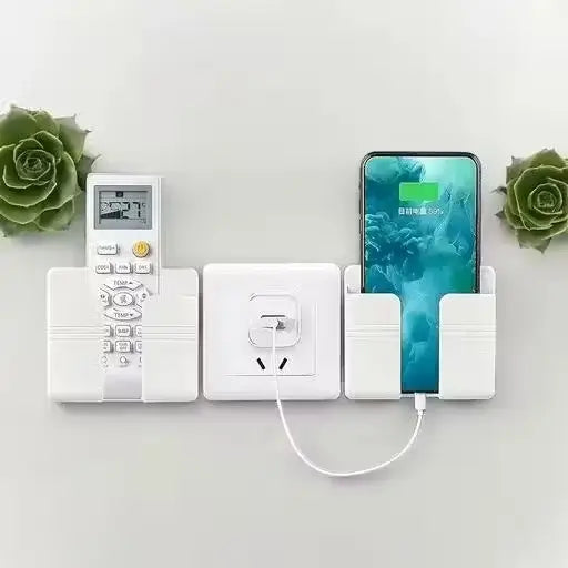Pack of 2 Multi-Purpose Wall Mobile & Remote Stand Holders | Wall-Mount Hanging Type | Mobile Charging & Organization (White).
