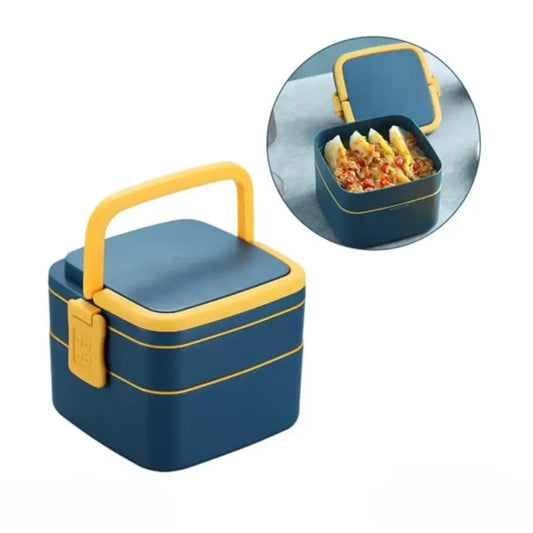 BLUE DOUBLE-LAYER PORTABLE LUNCH BOX STACKABLE WITH CARRYING HANDLE AND SPOON LUNCH BOX , Bento Lunch Box