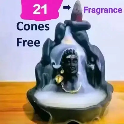 Handcrafted Lord Adiyogi Mahadev Shiv Shankara Backflow Cone Incense Holder – Decorative Resin Showpiece with 21 Free Scented Cones (Black).