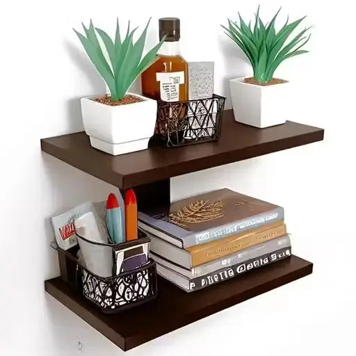 Wooden Wall Shelf 2 Tier Display Rack for Home Decor Books Plants and Storage Organizer