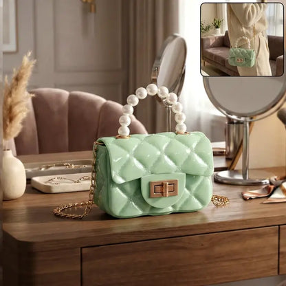 Elegant Quilted Mini Handheld & Sling Fashion Handbag – Pearl Handle Chain Strap Bag