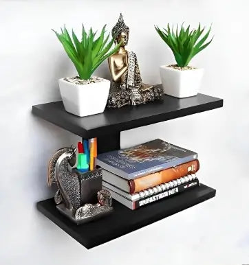 Wooden Wall Shelf 2 Tier Display Rack for Home Decor Books Plants and Storage Organizer