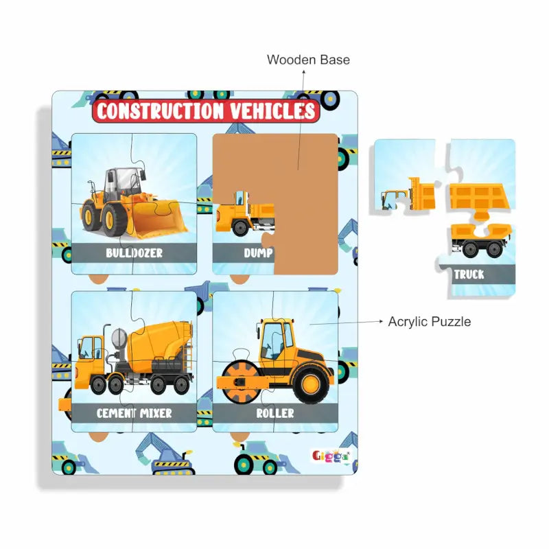 Construction Vehicles 4-in-1 Acrylic Puzzle for Kids Interactive & Educational, Safe & Durable