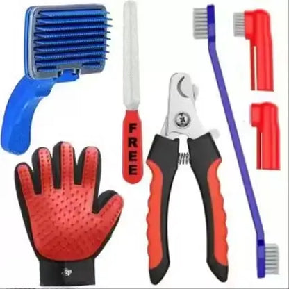 4 in 1 Pet Grooming Kit Slicker Brush Nail Clipper Toothbrush and Bath Glove Set for Dogs and Cats
